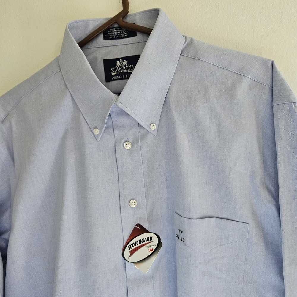 NWT Stafford Dress Shirt Men L XL 17 32 33 Blue Oxford Button Long Sleeve Formal - Picture 2 of 7